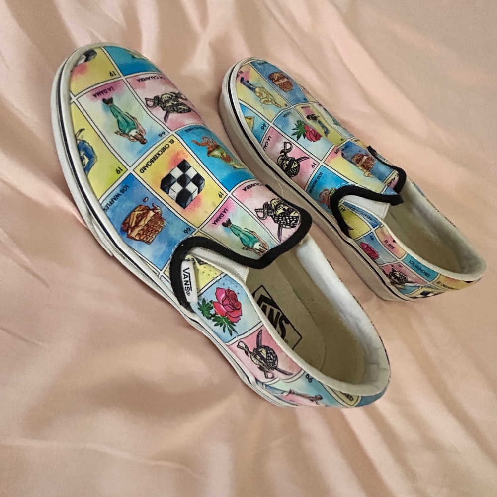 Vans Slip-On Sneakers in Blue Pink Yellow White Lotería Print